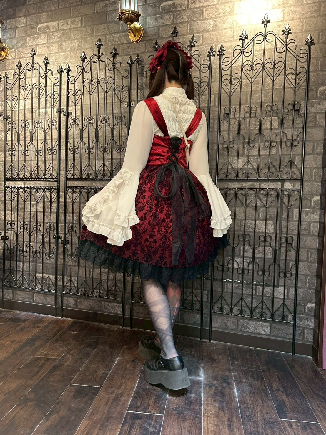 【heavenly garden 】ヘヴンリィ ガーデン　ノクターンリボンジャンパースカート ボルドー/ブラック