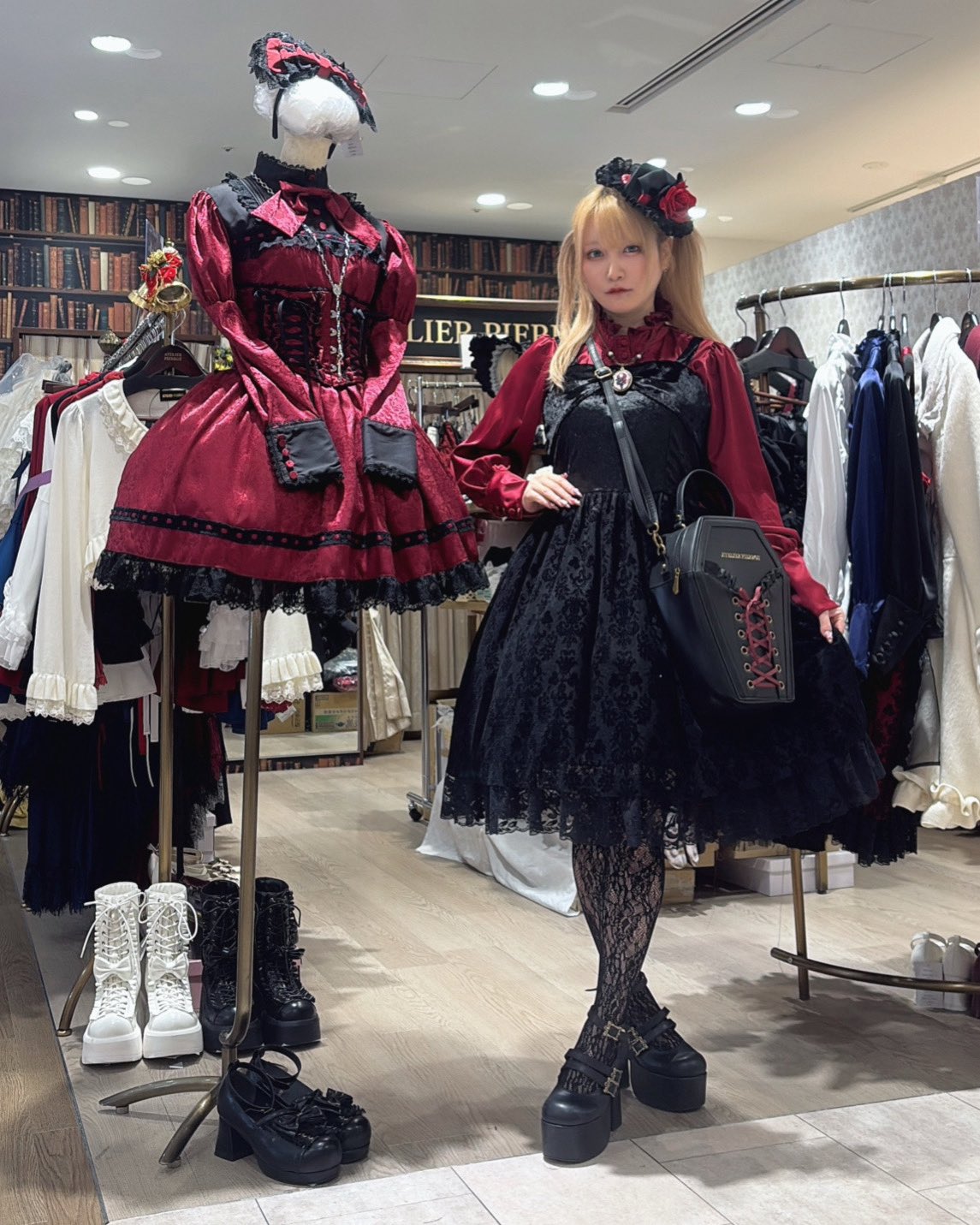 【heavenly garden 】ヘヴンリィ ガーデン　ノクターンリボンジャンパースカート ボルドー/ブラック