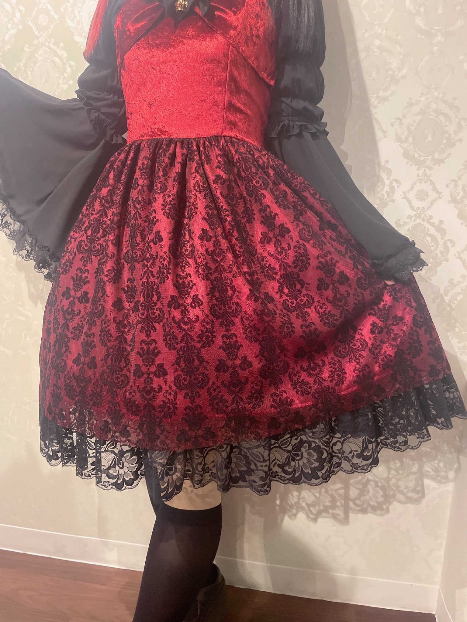 【heavenly garden 】ヘヴンリィ ガーデン　ノクターンリボンジャンパースカート ボルドー/ブラック