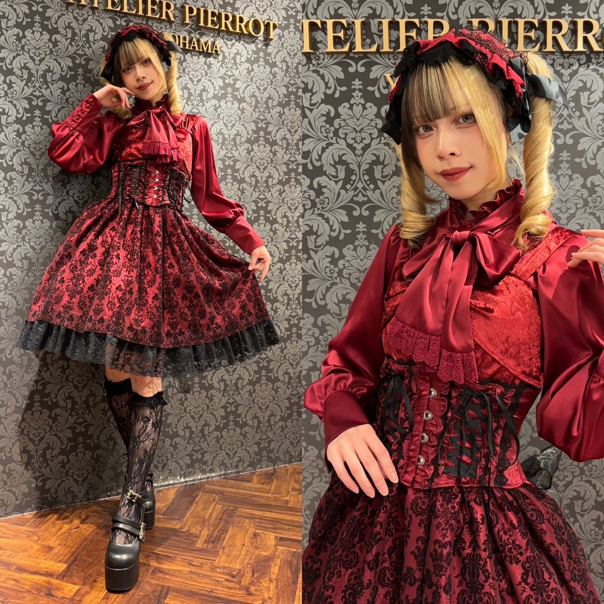 【heavenly garden 】ヘヴンリィ ガーデン　ノクターンリボンジャンパースカート ボルドー/ブラック