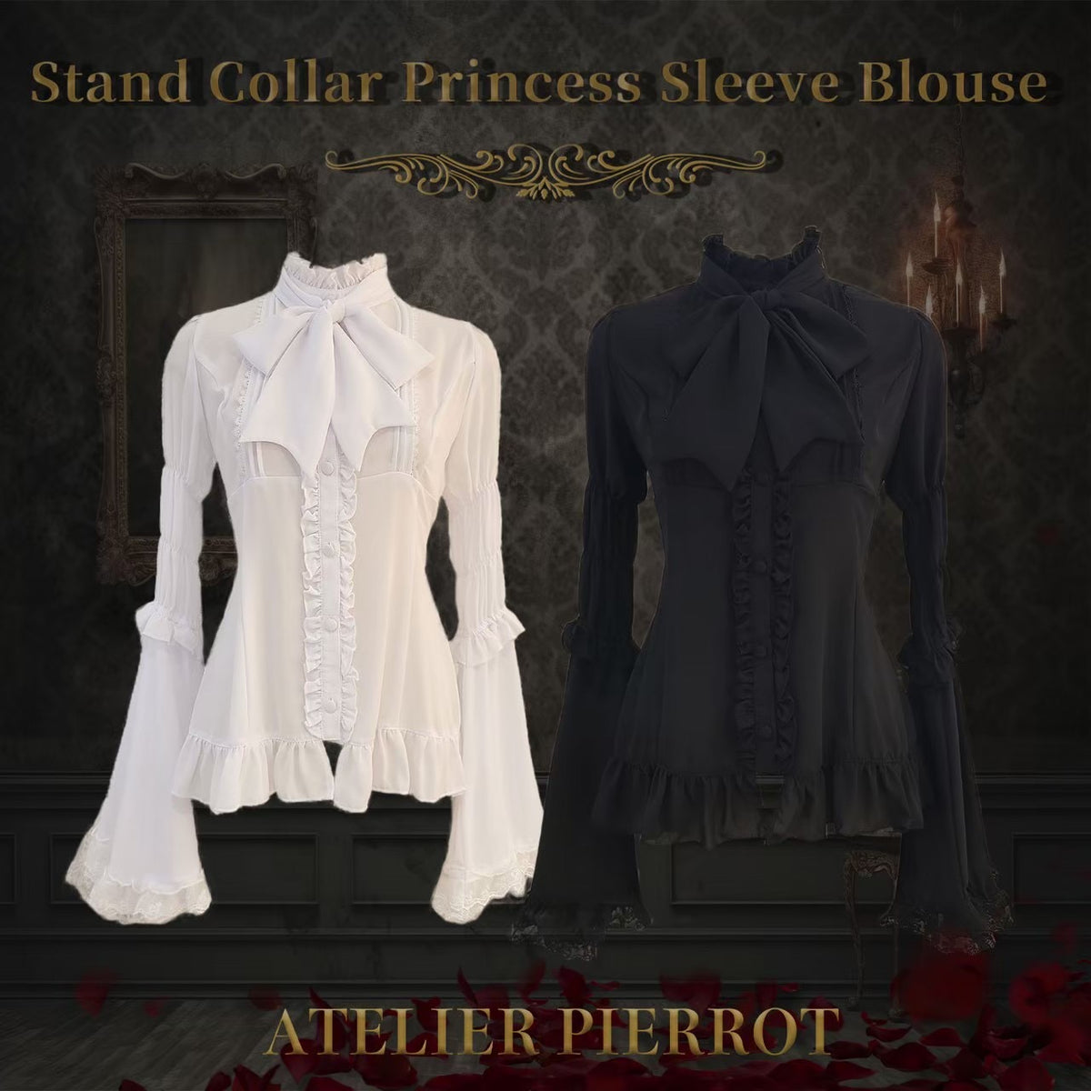 ATELIER PIERROT】 Stand Collar Princess Sleeve Blouse White/Black 
