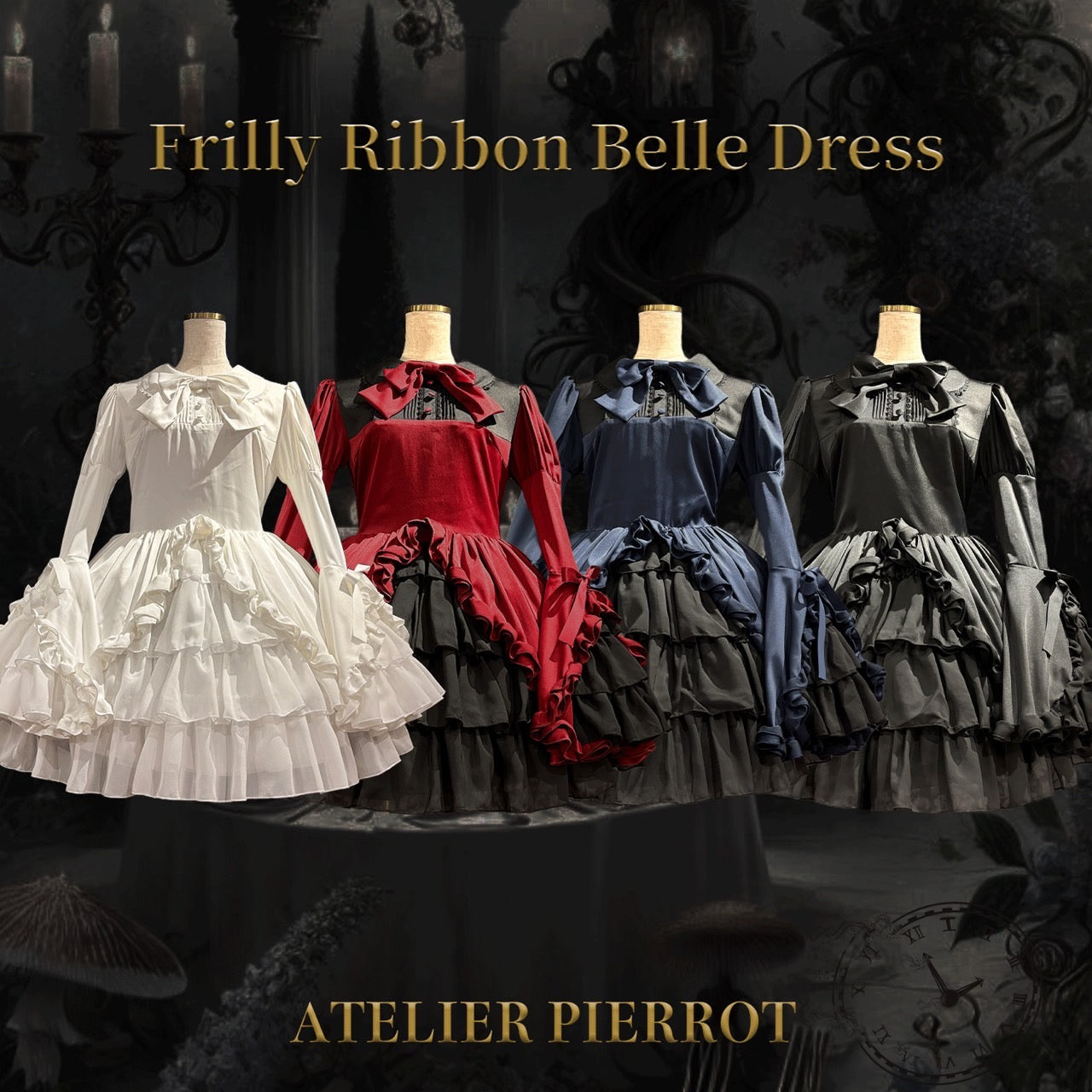 【ATELIER PIERROT】frilly丝带美女连衣裙白色/波尔多/海军/黑色