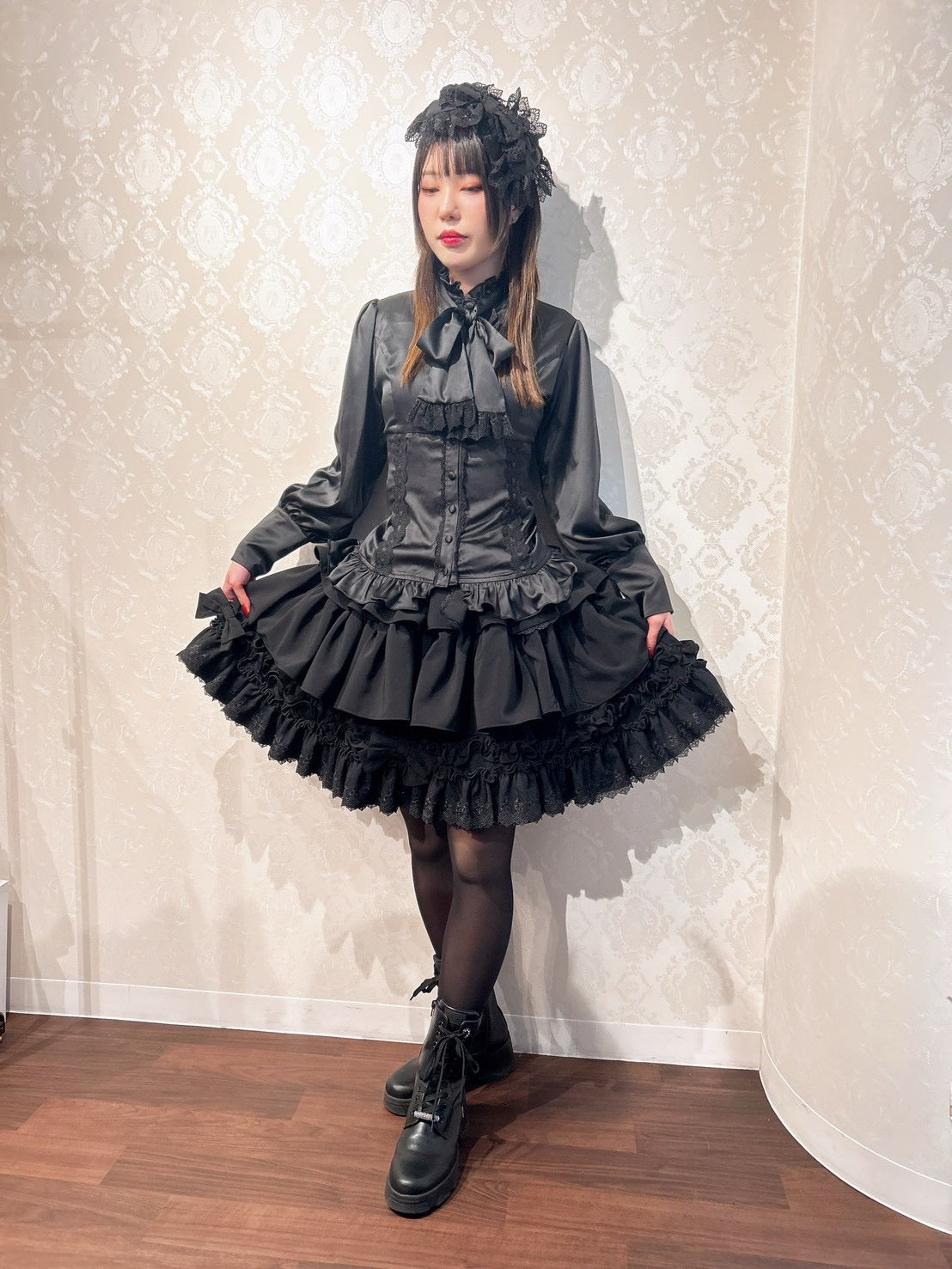 【ATELIER PIERROT】　Melty Ribbon Tier Skirt　ホワイト/ボルドー/ブラック　