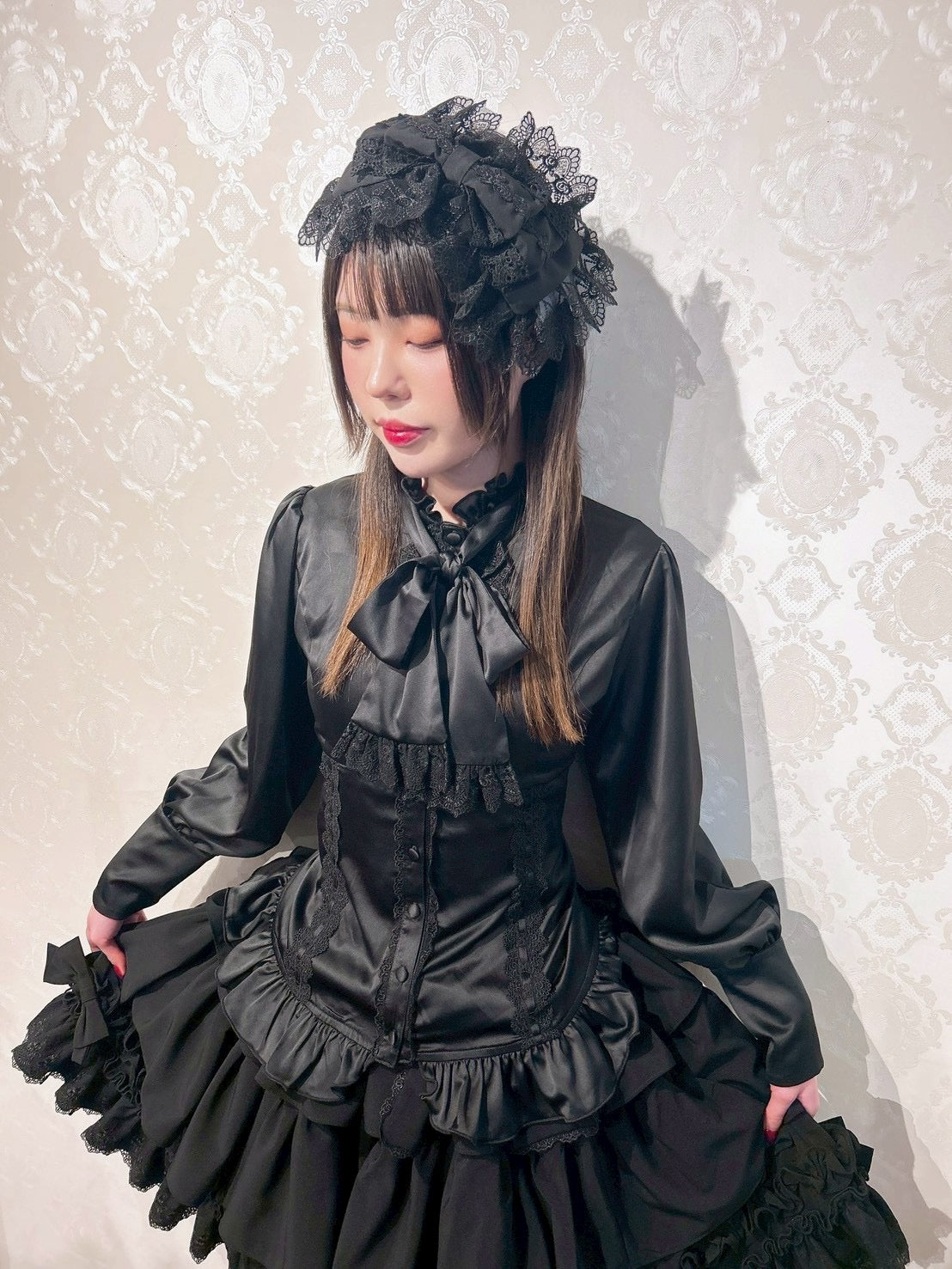 【ATELIER PIERROT】　Melty Ribbon Tier Skirt　ホワイト/ボルドー/ブラック　