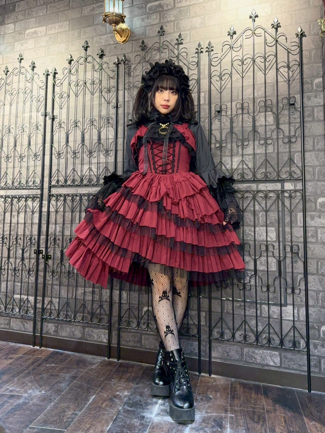 【Vallée lys】ヴァレリス　Nonette Gauze Jumperskirt　ボルドー/グレー/ブラック　サイズ１　