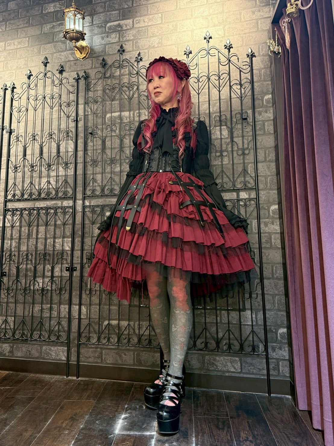 【Vallée lys】ヴァレリス　Nonette Gauze Jumperskirt　ボルドー/グレー/ブラック　サイズ１　