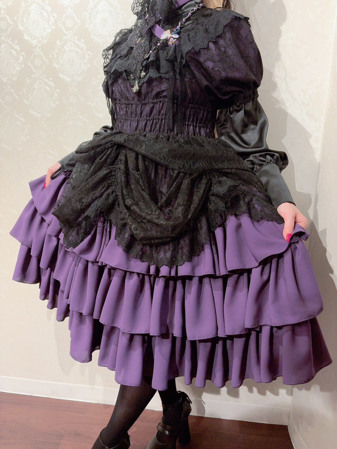 【Vallée lys】ヴァレリス　Mellow Melody Dress　新色ホワイト/ボルドー×ブラック/ネイビー×ブラック/新色パープル×ブラック/ブラック×ホワイト/ブラック