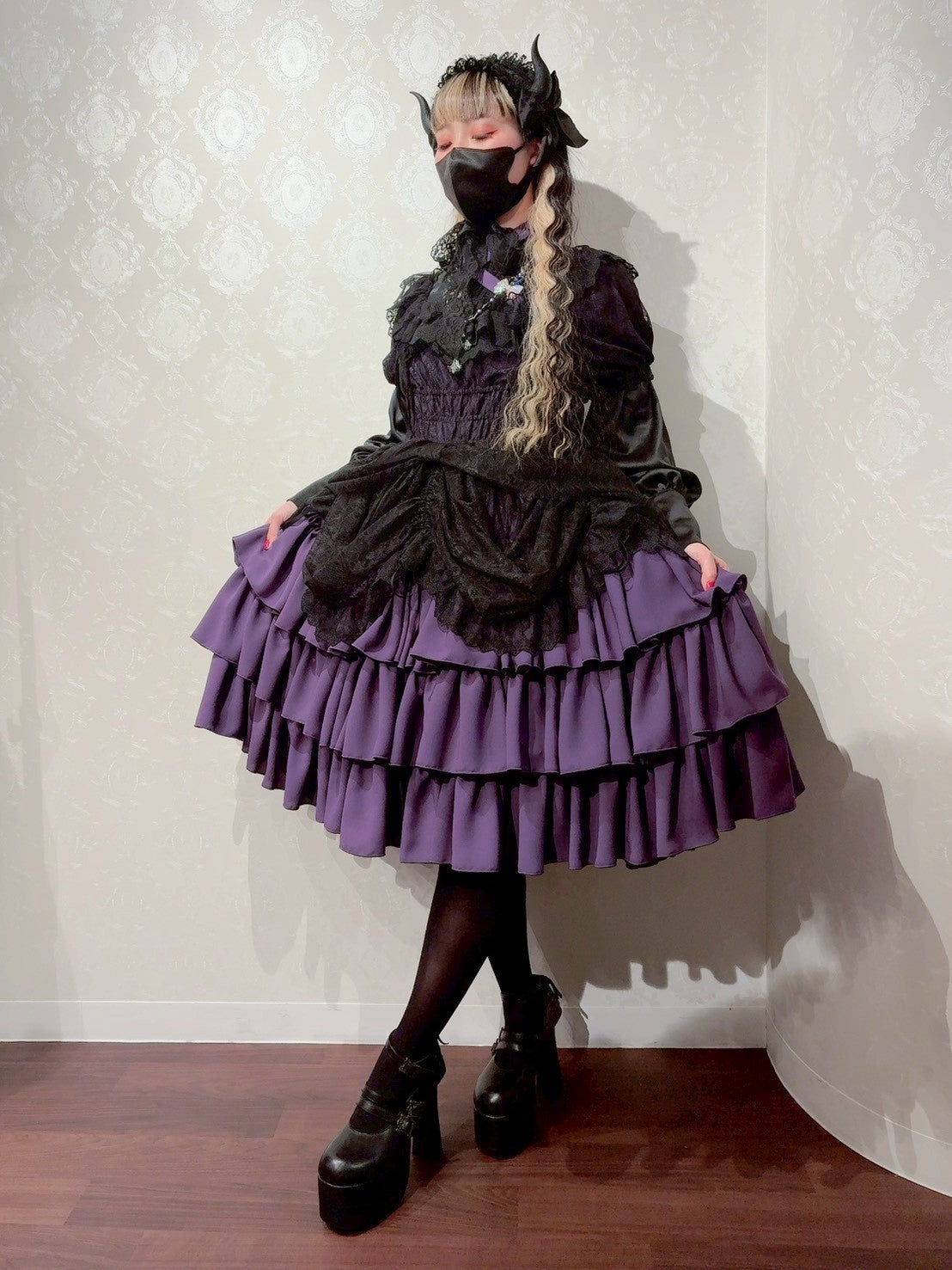 【Vallée lys】ヴァレリス　Mellow Melody Dress　新色ホワイト/ボルドー×ブラック/ネイビー×ブラック/新色パープル×ブラック/ブラック×ホワイト/ブラック