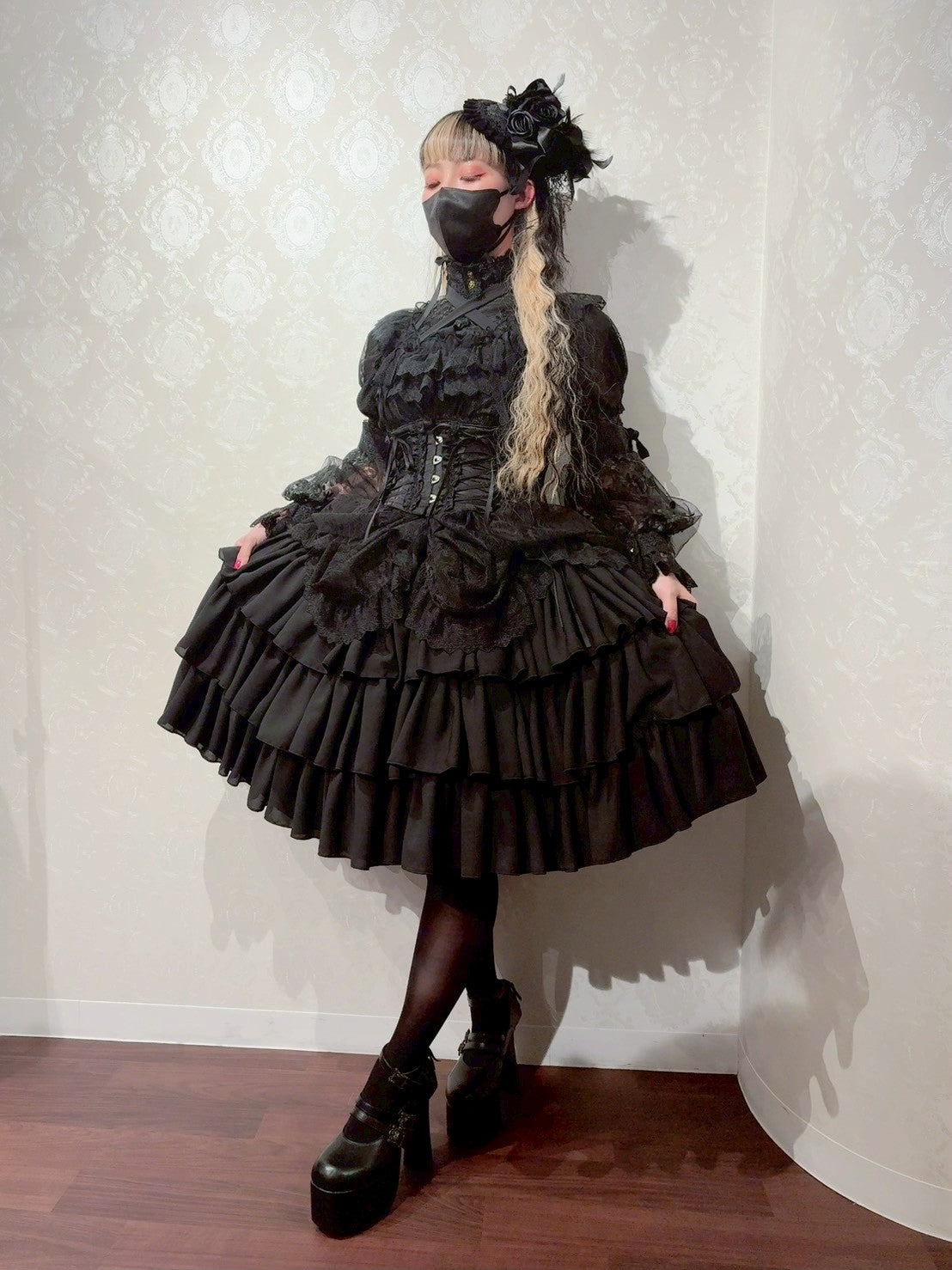 【Vallée lys】ヴァレリス　Mellow Melody Dress　新色ホワイト/ボルドー×ブラック/ネイビー×ブラック/新色パープル×ブラック/ブラック×ホワイト/ブラック