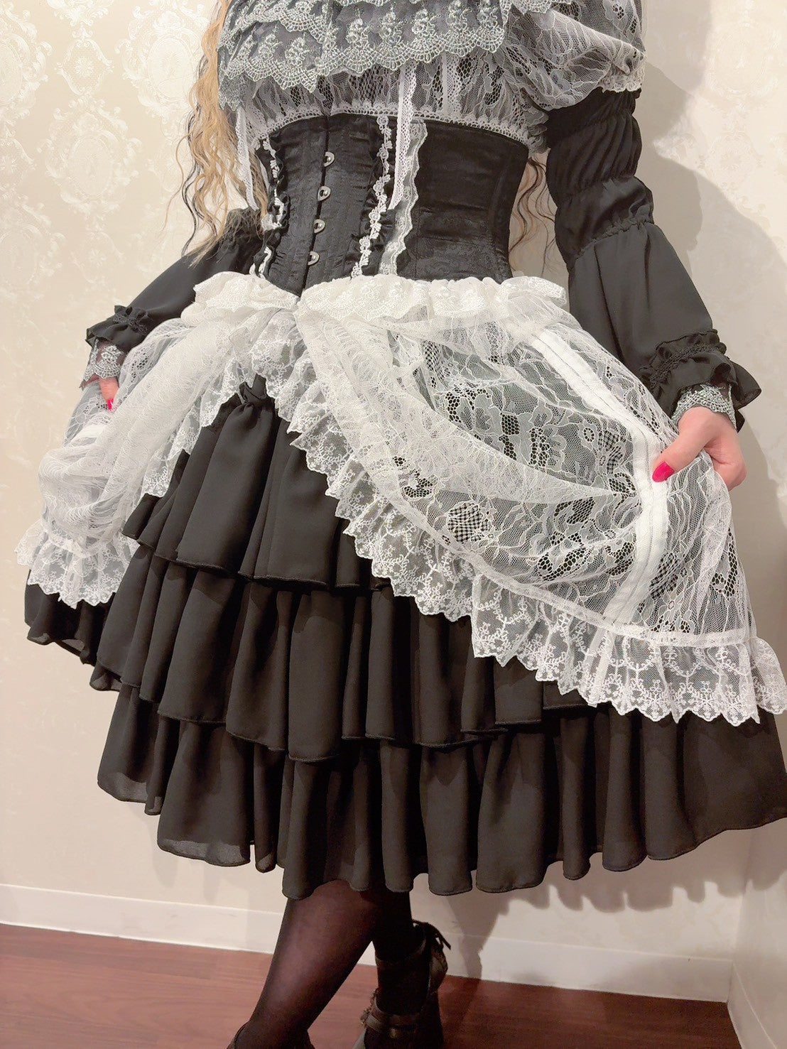 【Vallée lys】ヴァレリス　Mellow Melody Dress　新色ホワイト/ボルドー×ブラック/ネイビー×ブラック/新色パープル×ブラック/ブラック×ホワイト/ブラック