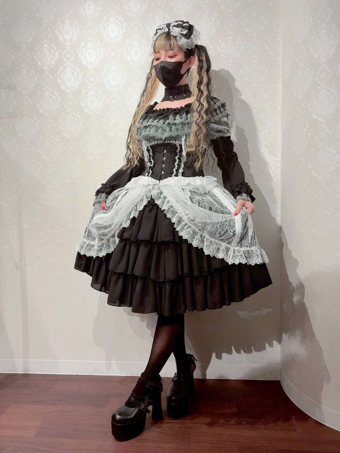 【Vallée lys】ヴァレリス　Mellow Melody Dress　新色ホワイト/ボルドー×ブラック/ネイビー×ブラック/新色パープル×ブラック/ブラック×ホワイト/ブラック