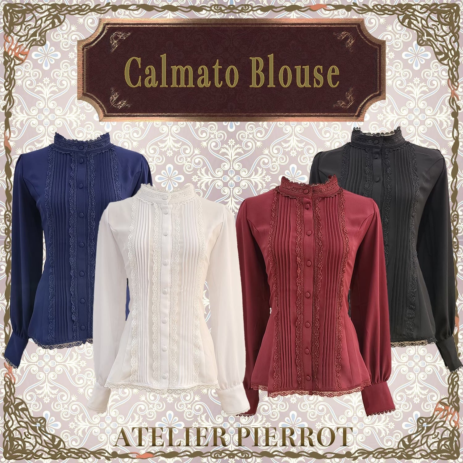 【ATELIER PIERROT】　Calmato Blouse （シフォン/chiffon）　白/ボルドー/ネイビー/黒