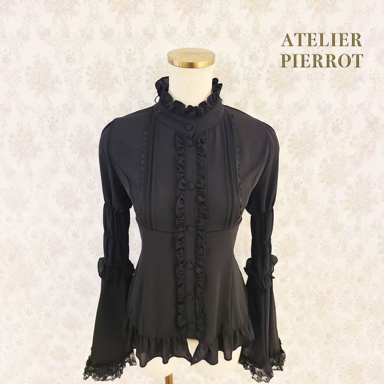 【ATELIER PIERROT】Stand Collar Princess Sleeve Blouse　White/Black