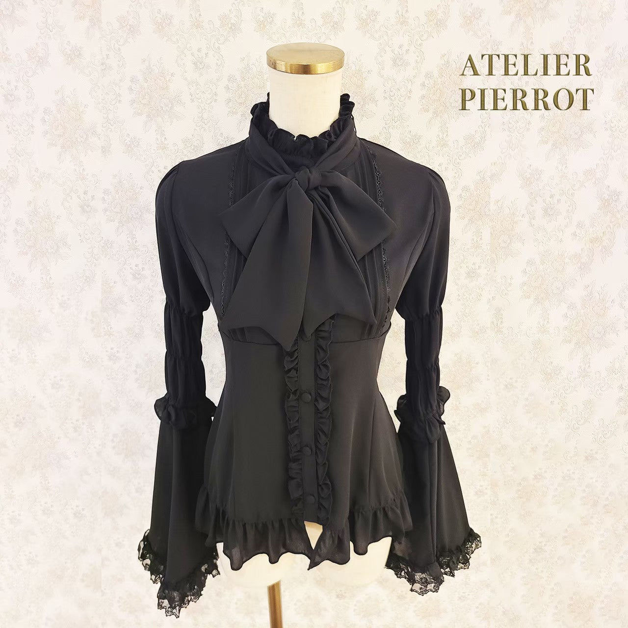 【ATELIER PIERROT】Stand Collar Princess Sleeve Blouse　White/Black