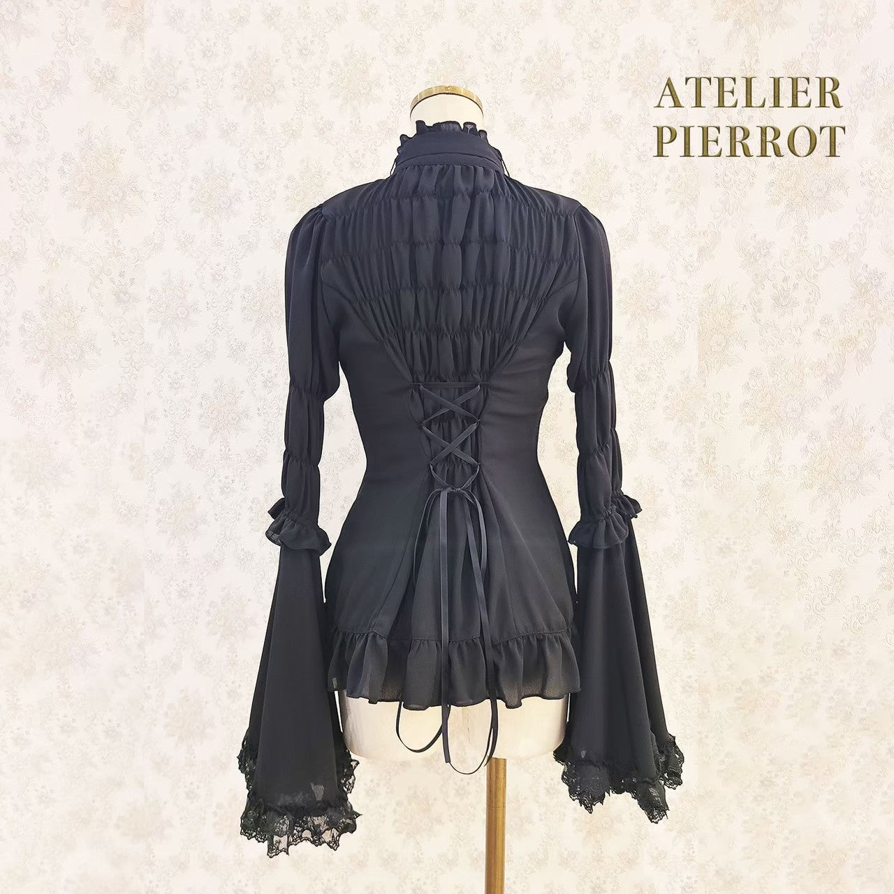 【ATELIER PIERROT】Stand Collar Princess Sleeve Blouse　White/Black