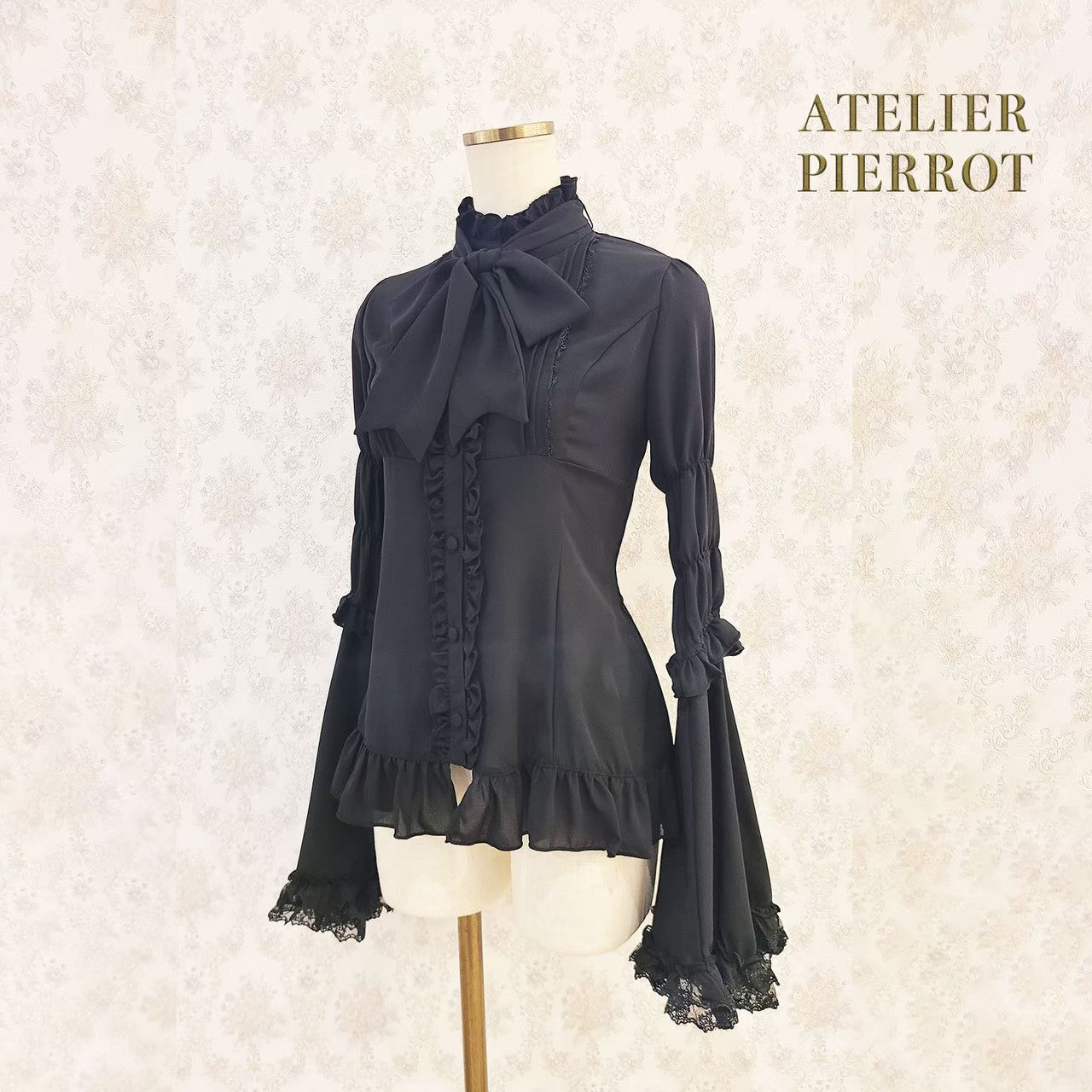 【ATELIER PIERROT】Stand Collar Princess Sleeve Blouse　White/Black