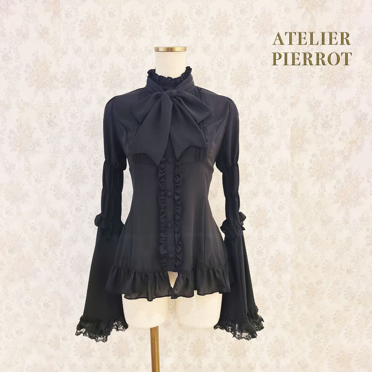 【ATELIER PIERROT】Stand Collar Princess Sleeve Blouse　White/Black