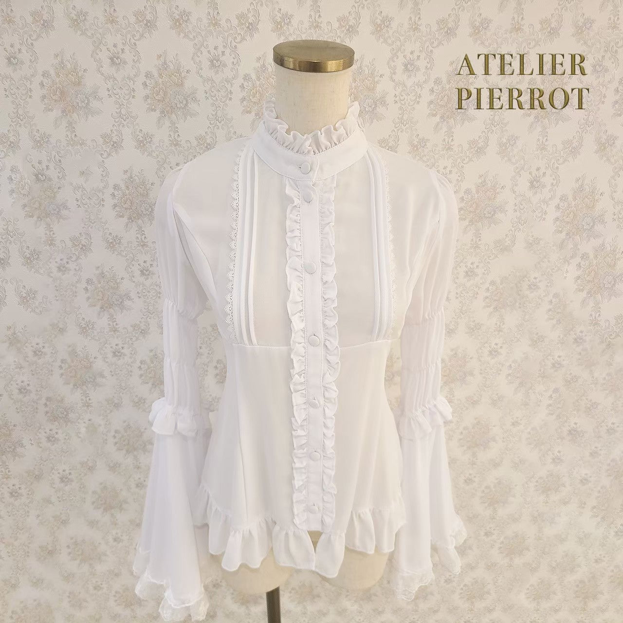 【ATELIER PIERROT】Stand Collar Princess Sleeve Blouse　White/Black