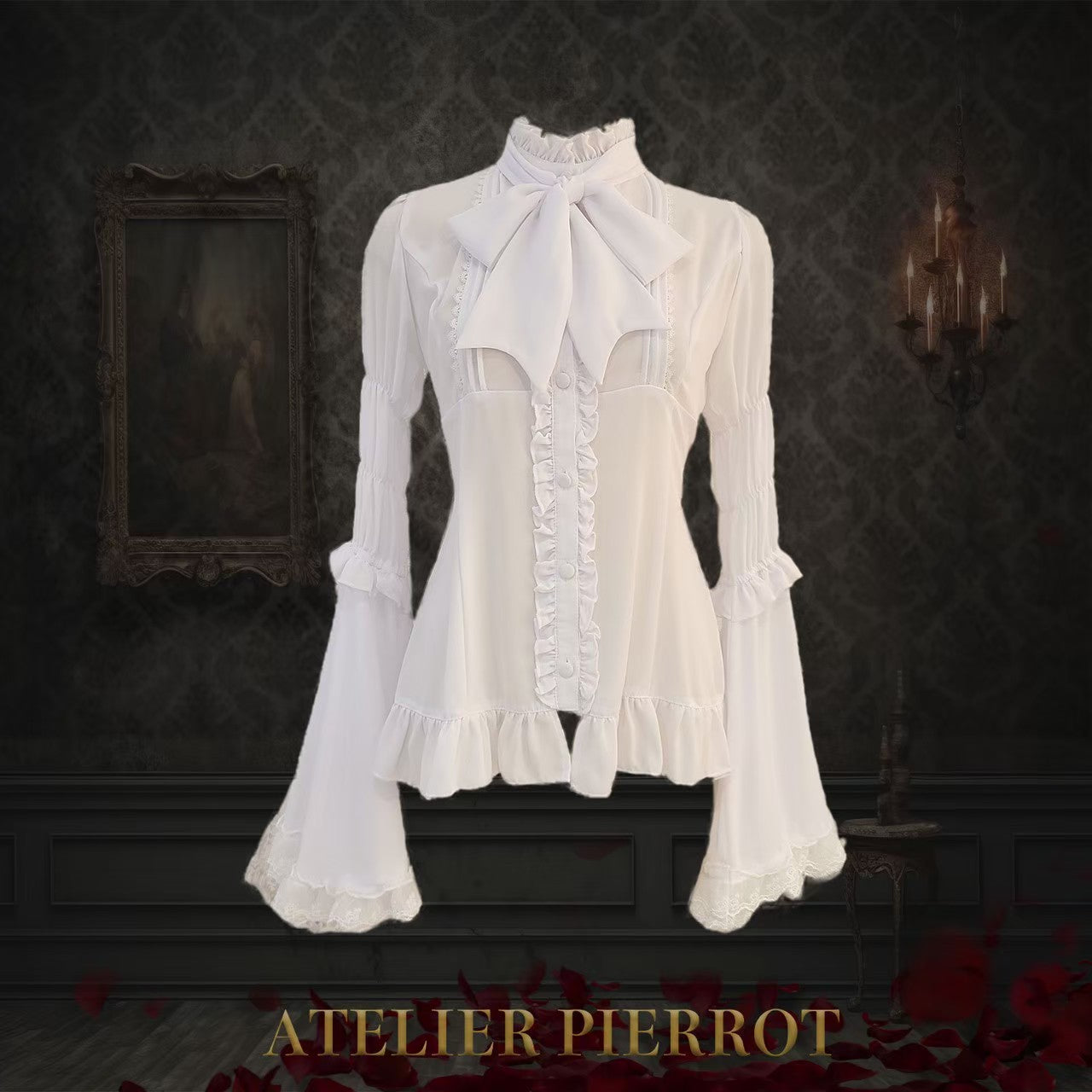 【ATELIER PIERROT】Stand Collar Princess Sleeve Blouse　White/Black