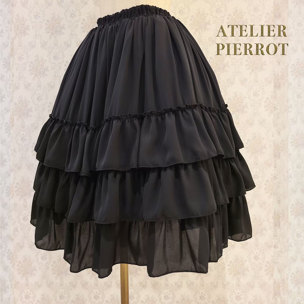 【ATELIER PIERROT】Three-Tiered Ruffle Chiffon Skirt　White/Ivory/Bordeaux/Navy/Black