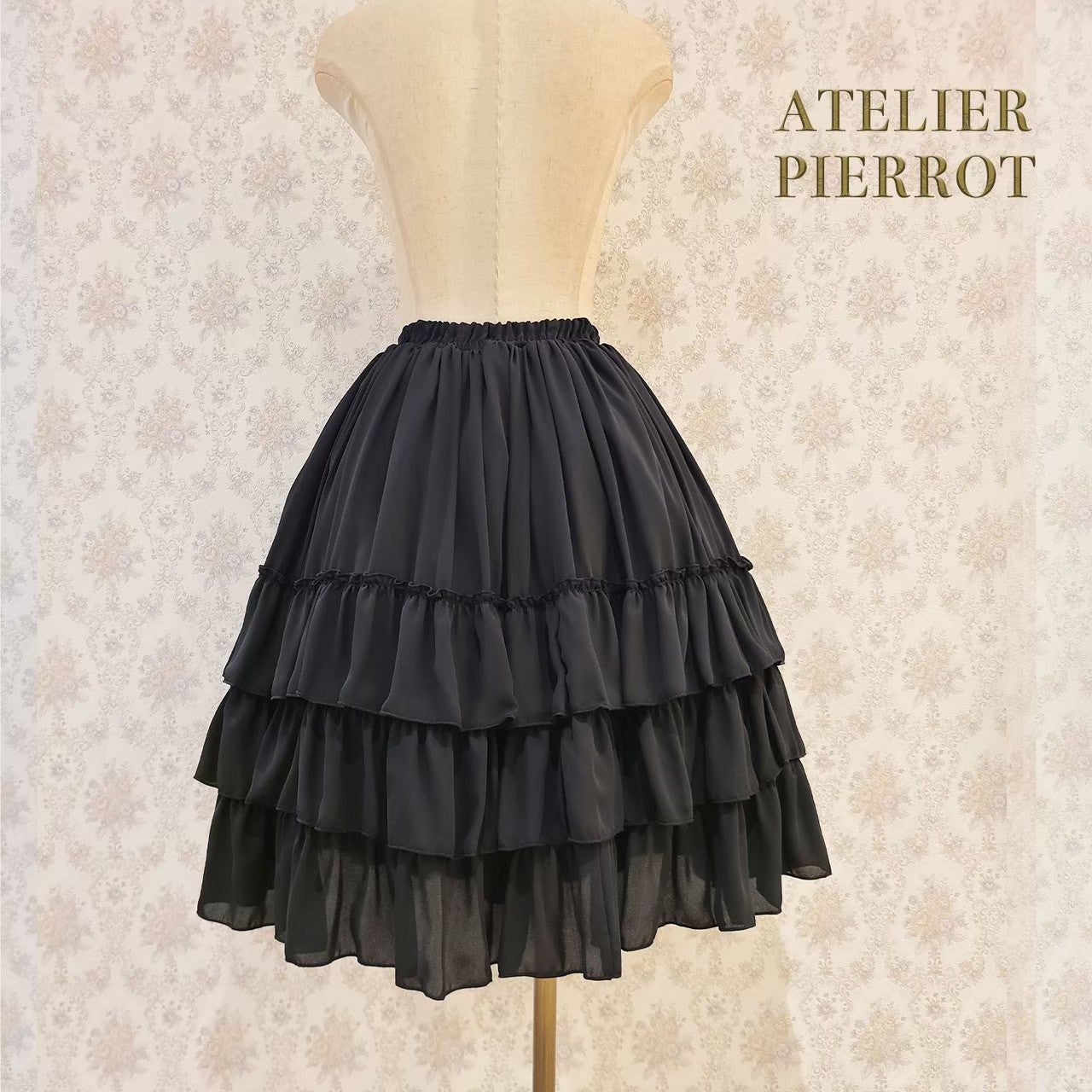 【ATELIER PIERROT】Three-Tiered Ruffle Chiffon Skirt　White/Ivory/Bordeaux/Navy/Black