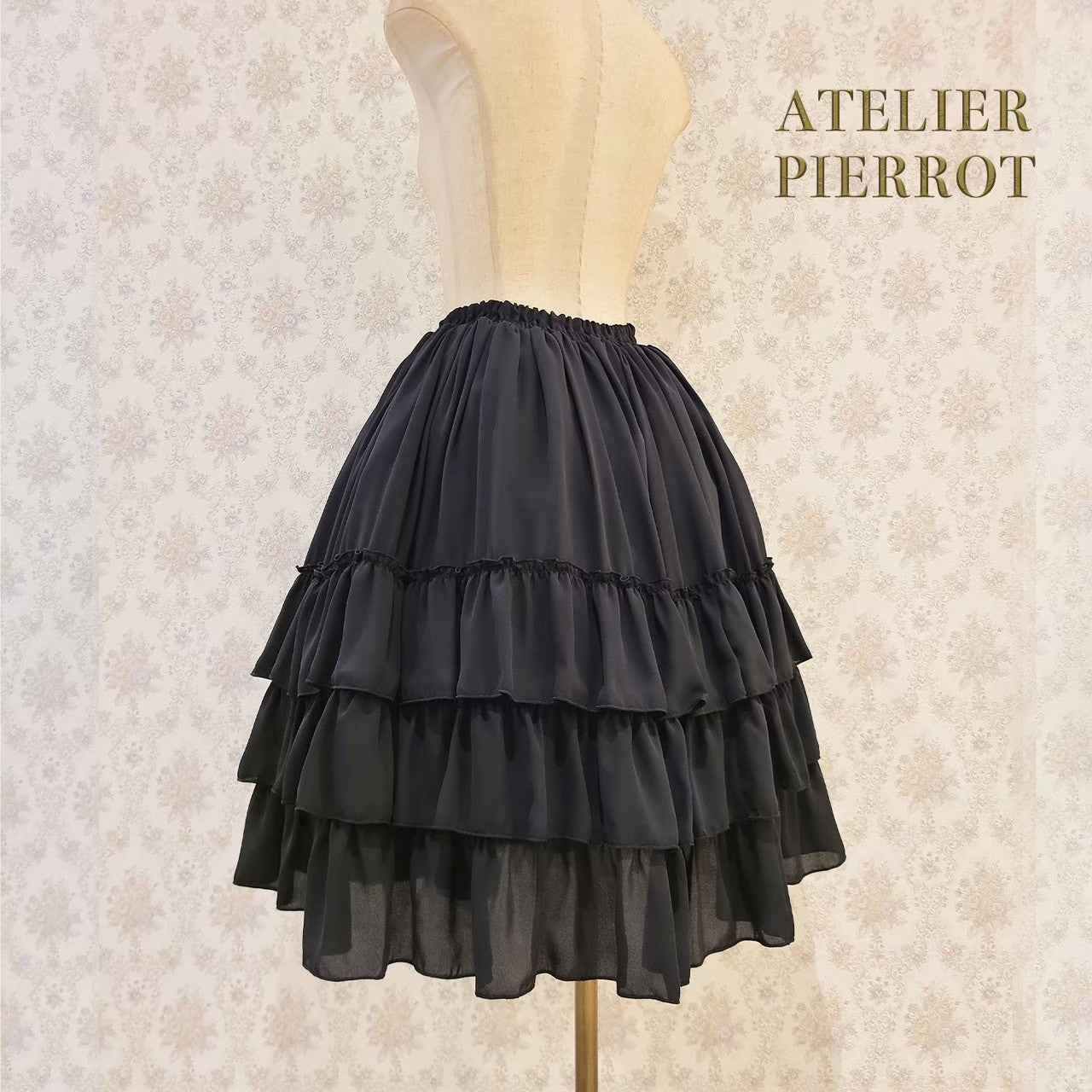 【ATELIER PIERROT】Three-Tiered Ruffle Chiffon Skirt　White/Ivory/Bordeaux/Navy/Black