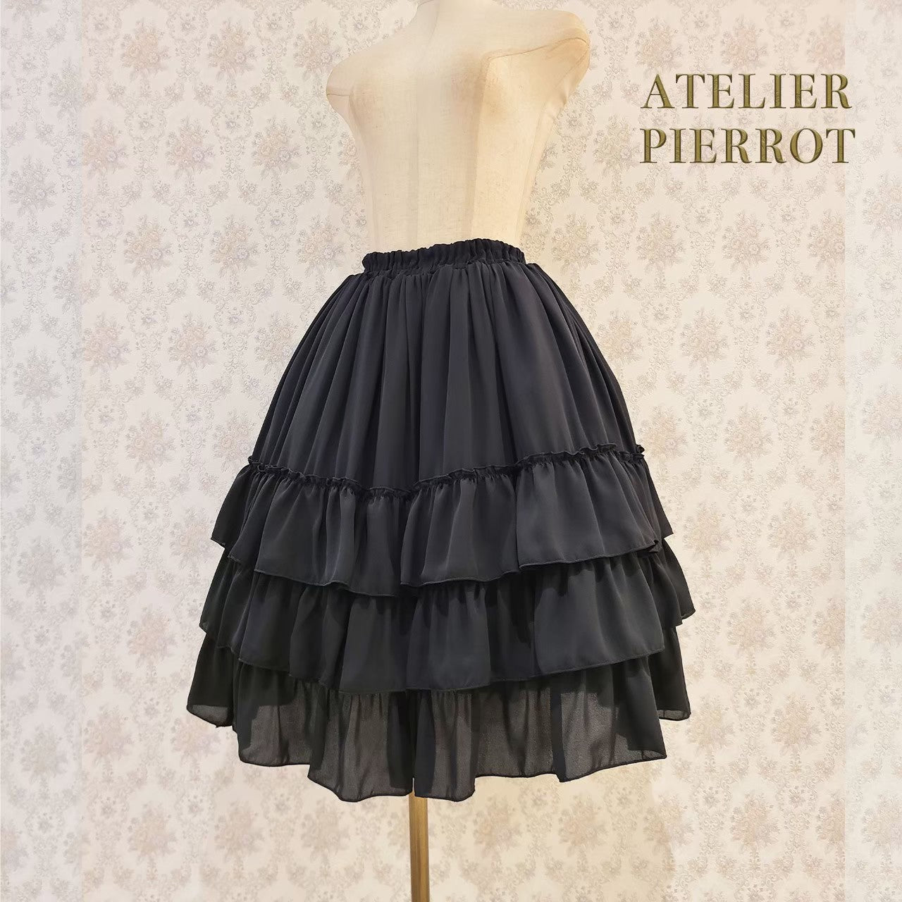 【ATELIER PIERROT】Three-Tiered Ruffle Chiffon Skirt　White/Ivory/Bordeaux/Navy/Black