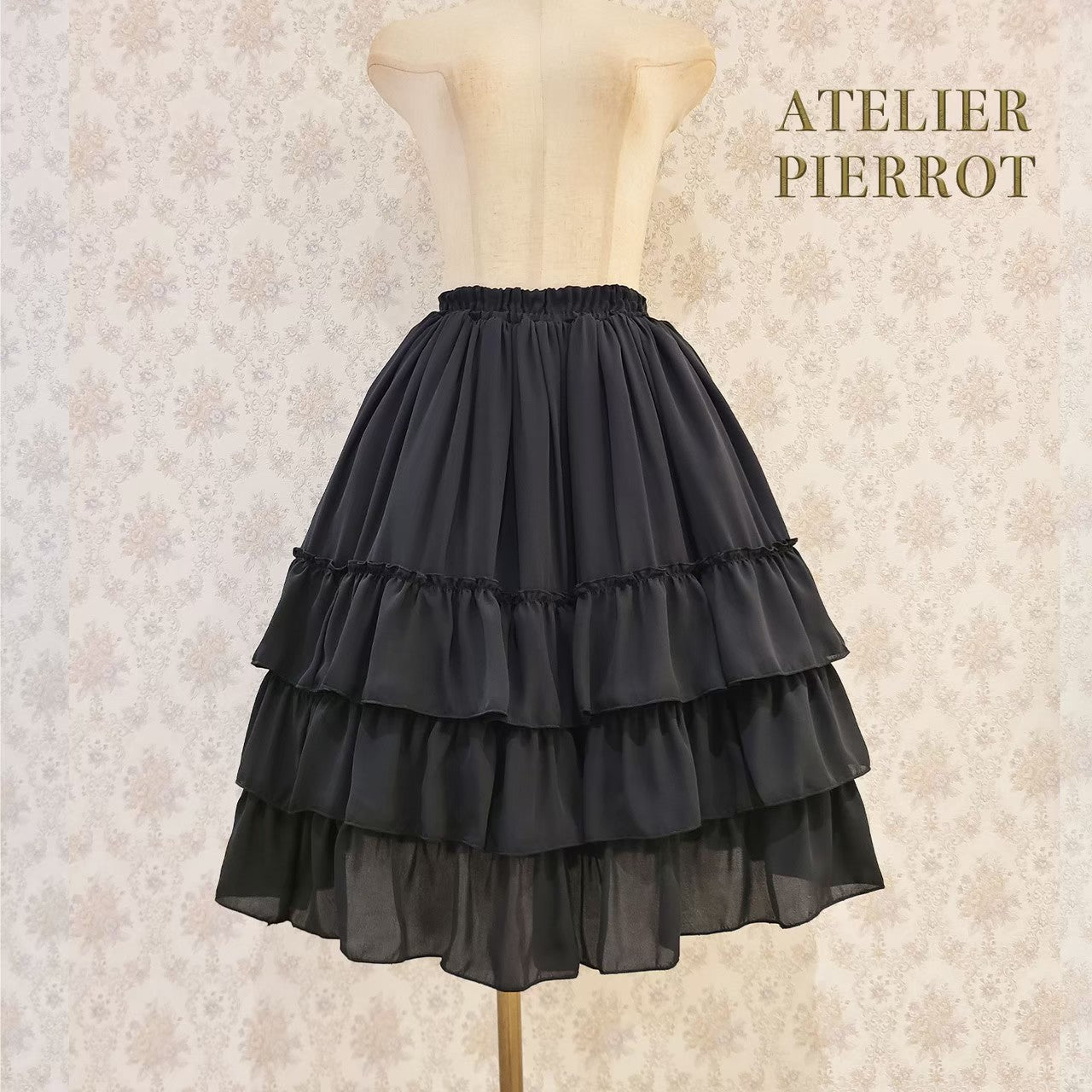 【ATELIER PIERROT】Three-Tiered Ruffle Chiffon Skirt　White/Ivory/Bordeaux/Navy/Black