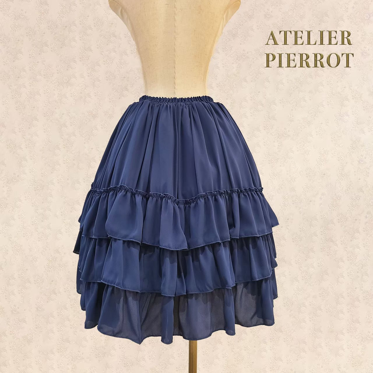 【ATELIER PIERROT】Three-Tiered Ruffle Chiffon Skirt　White/Ivory/Bordeaux/Navy/Black