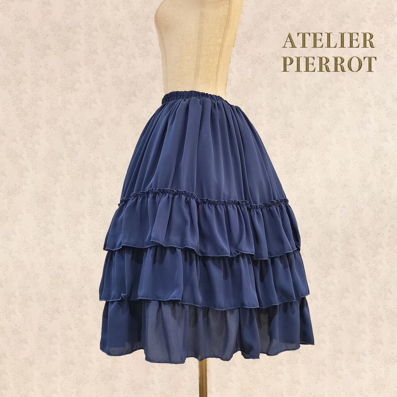 【ATELIER PIERROT】Three-Tiered Ruffle Chiffon Skirt　White/Ivory/Bordeaux/Navy/Black