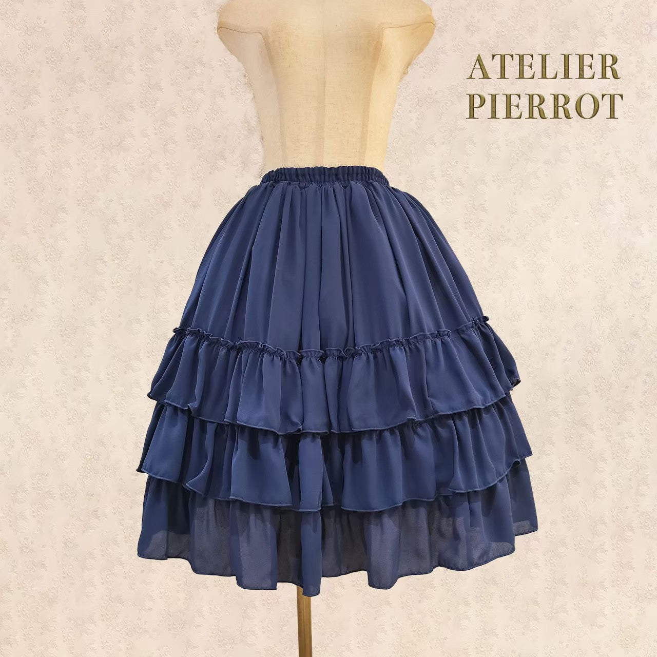 【ATELIER PIERROT】Three-Tiered Ruffle Chiffon Skirt　White/Ivory/Bordeaux/Navy/Black