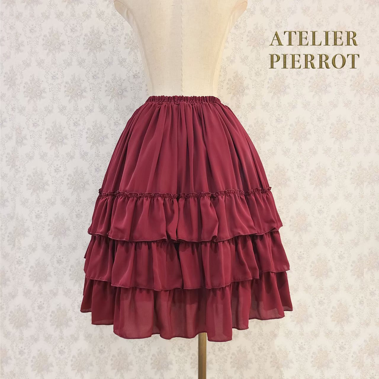 【ATELIER PIERROT】Three-Tiered Ruffle Chiffon Skirt　White/Ivory/Bordeaux/Navy/Black