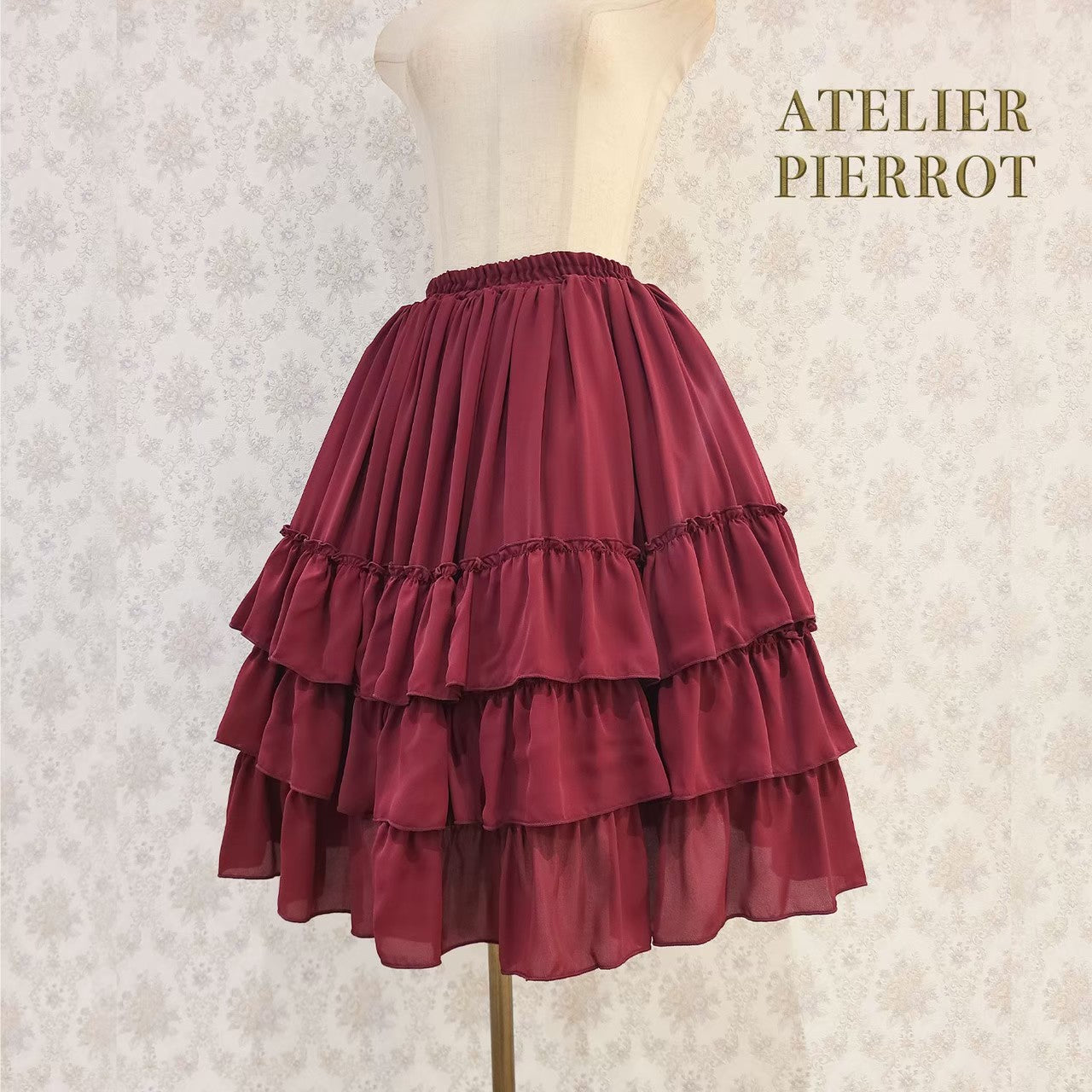 【ATELIER PIERROT】Three-Tiered Ruffle Chiffon Skirt　White/Ivory/Bordeaux/Navy/Black