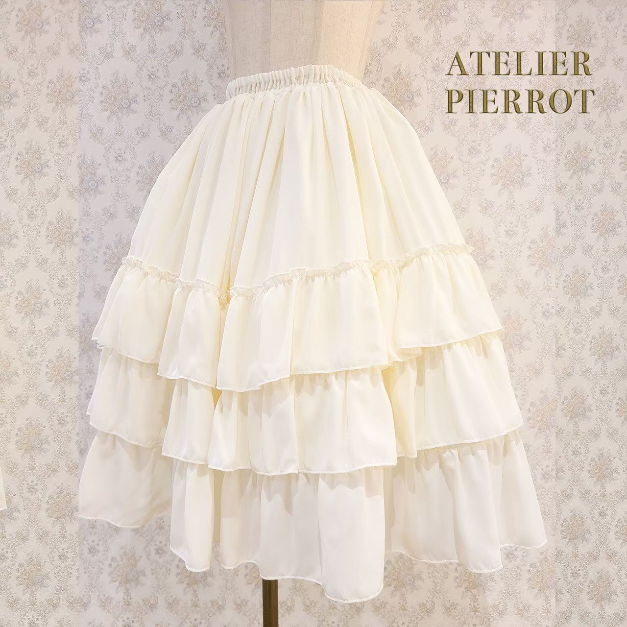 【ATELIER PIERROT】Three-Tiered Ruffle Chiffon Skirt　White/Ivory/Bordeaux/Navy/Black