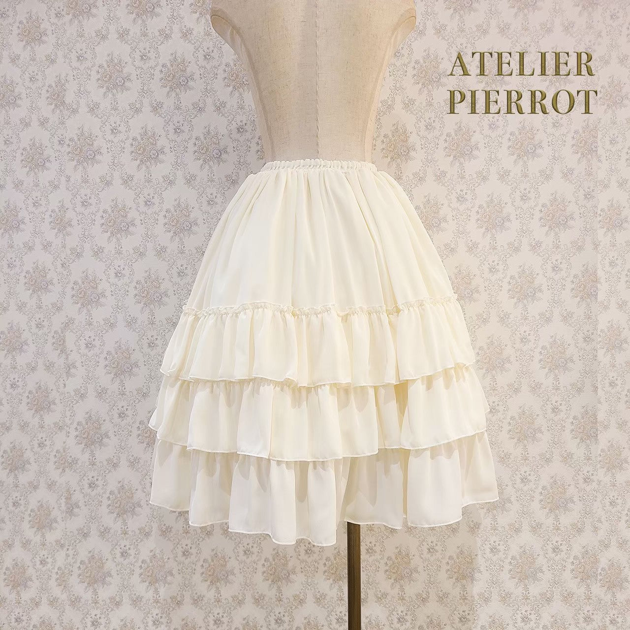 【ATELIER PIERROT】Three-Tiered Ruffle Chiffon Skirt　White/Ivory/Bordeaux/Navy/Black