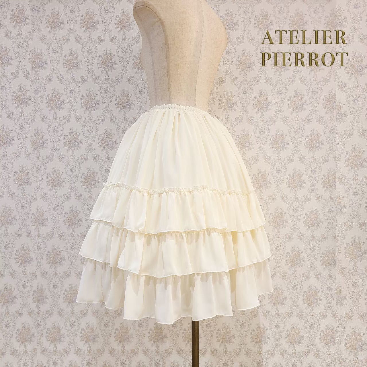 【ATELIER PIERROT】Three-Tiered Ruffle Chiffon Skirt　White/Ivory/Bordeaux/Navy/Black