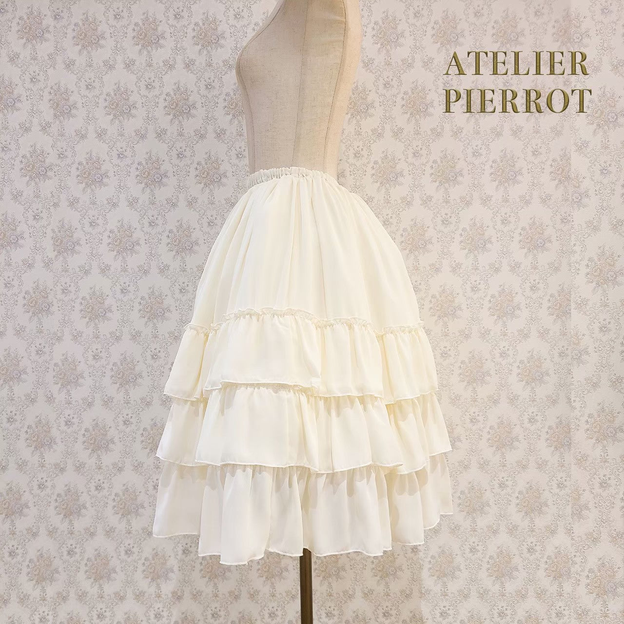 【ATELIER PIERROT】Three-Tiered Ruffle Chiffon Skirt　White/Ivory/Bordeaux/Navy/Black