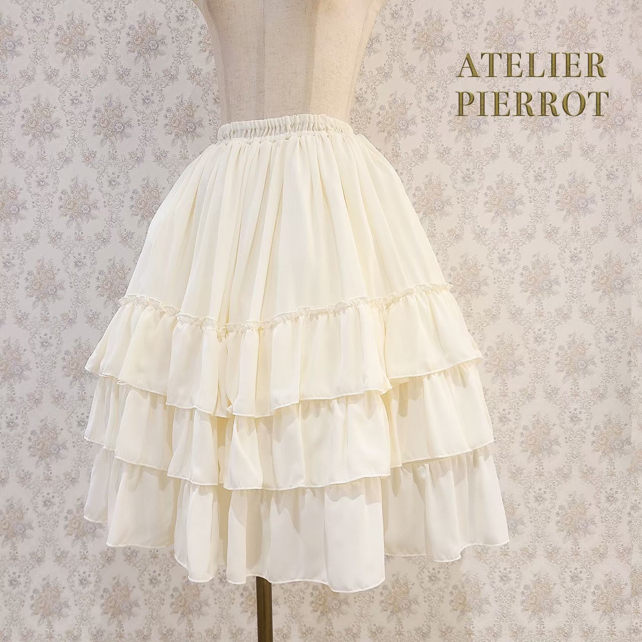 【ATELIER PIERROT】Three-Tiered Ruffle Chiffon Skirt　White/Ivory/Bordeaux/Navy/Black