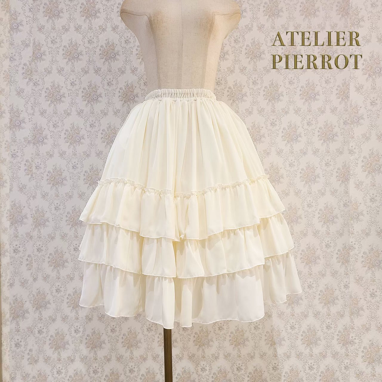 【ATELIER PIERROT】Three-Tiered Ruffle Chiffon Skirt　White/Ivory/Bordeaux/Navy/Black