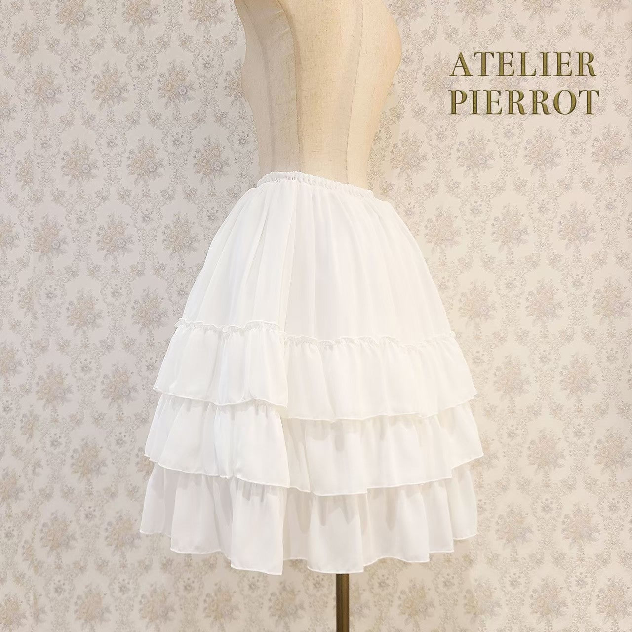 【ATELIER PIERROT】Three-Tiered Ruffle Chiffon Skirt　White/Ivory/Bordeaux/Navy/Black