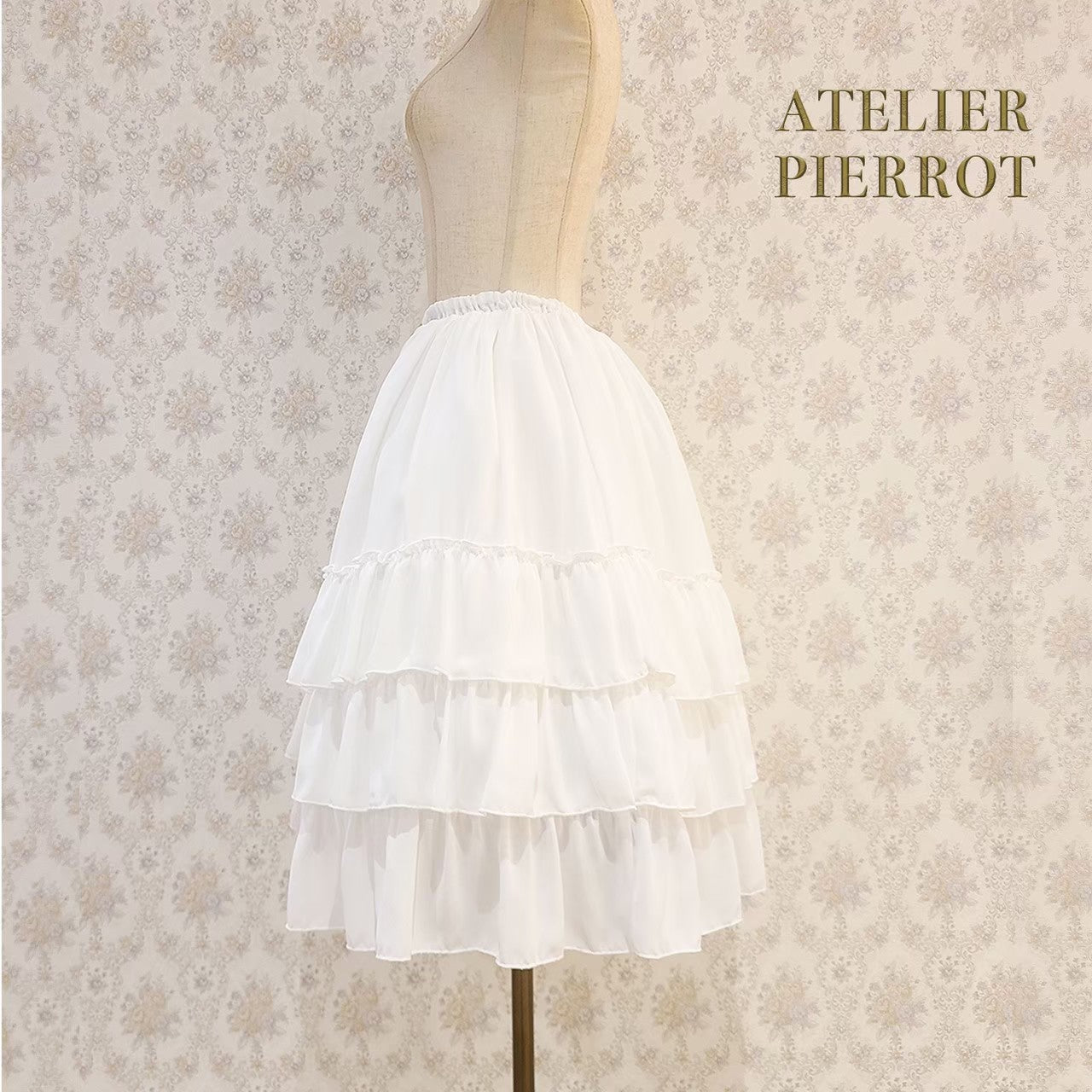 【ATELIER PIERROT】Three-Tiered Ruffle Chiffon Skirt　White/Ivory/Bordeaux/Navy/Black