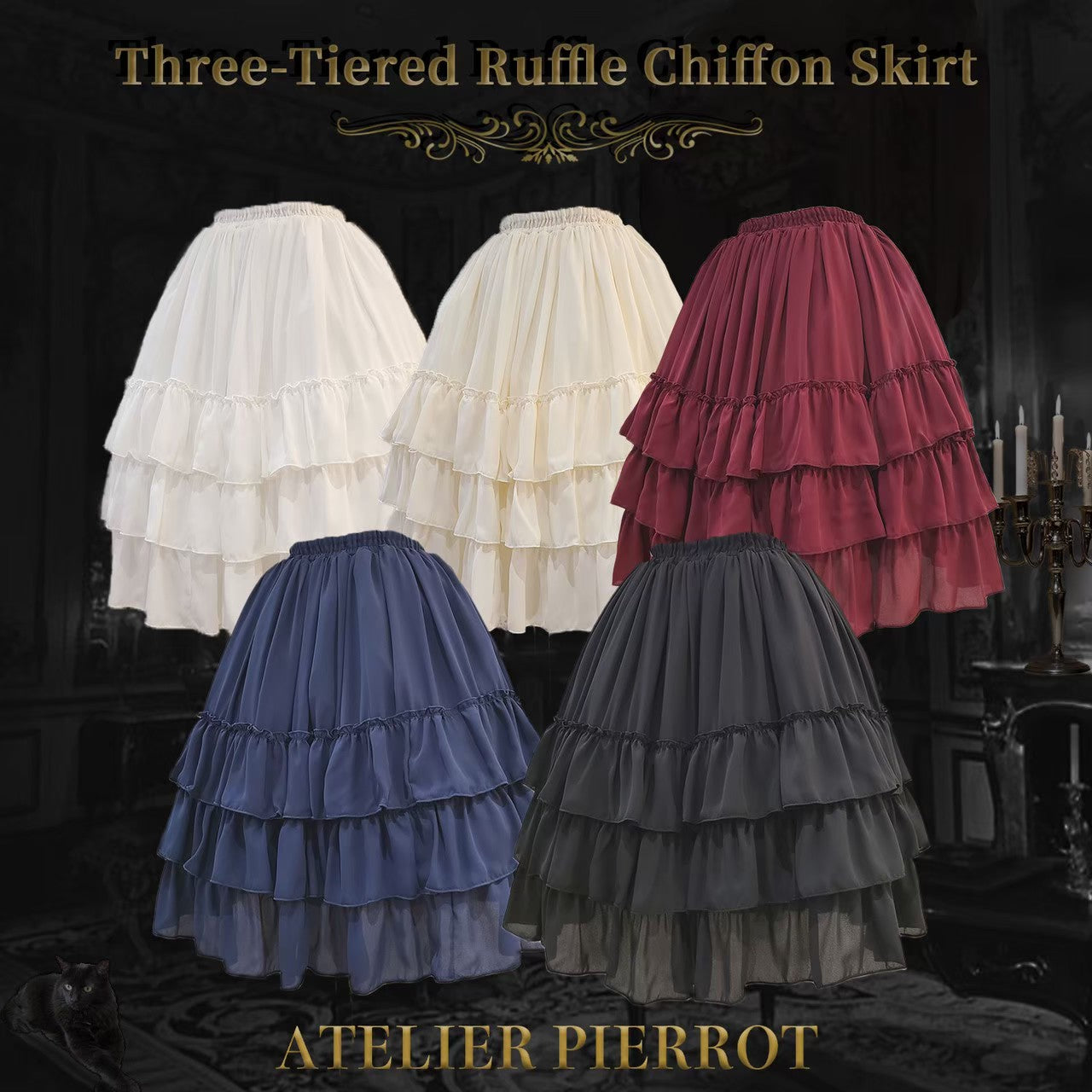 【ATELIER PIERROT】Three-Tiered Ruffle Chiffon Skirt　White/Ivory/Bordeaux/Navy/Black