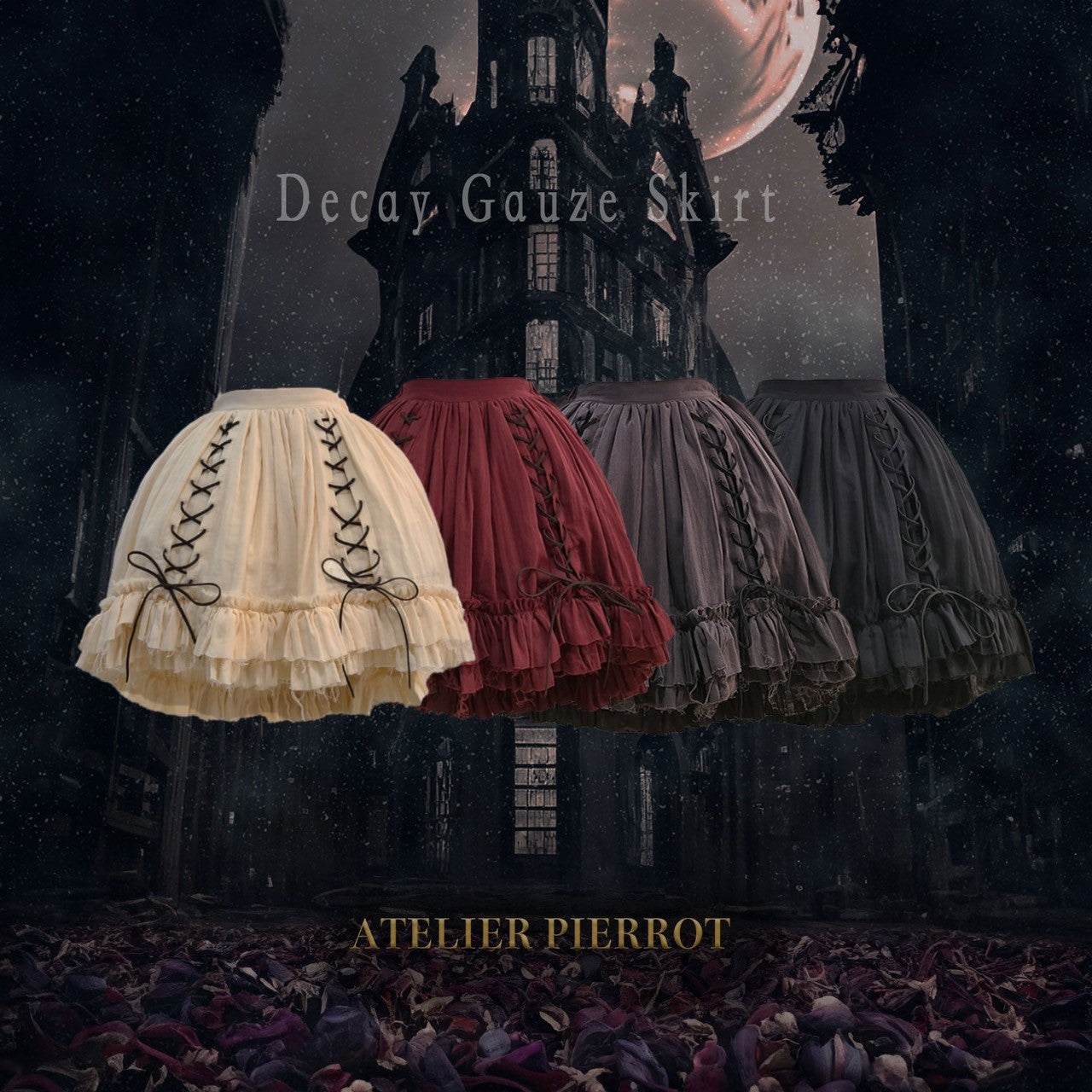 【ATELIER PIERROT】　Decay Gauze Skirt　Ivory/Wine/Gray/Black