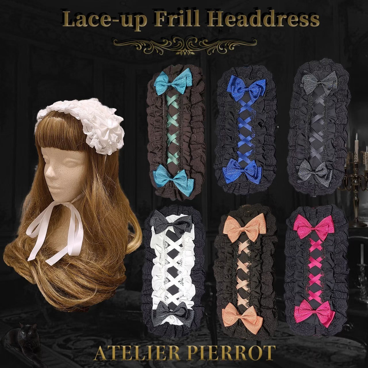 【ATELIER PIERROT】　Lace-up Frill Headdress　White/Black×White/新色Pink/Bordeaux/新色Green/Navy/Black