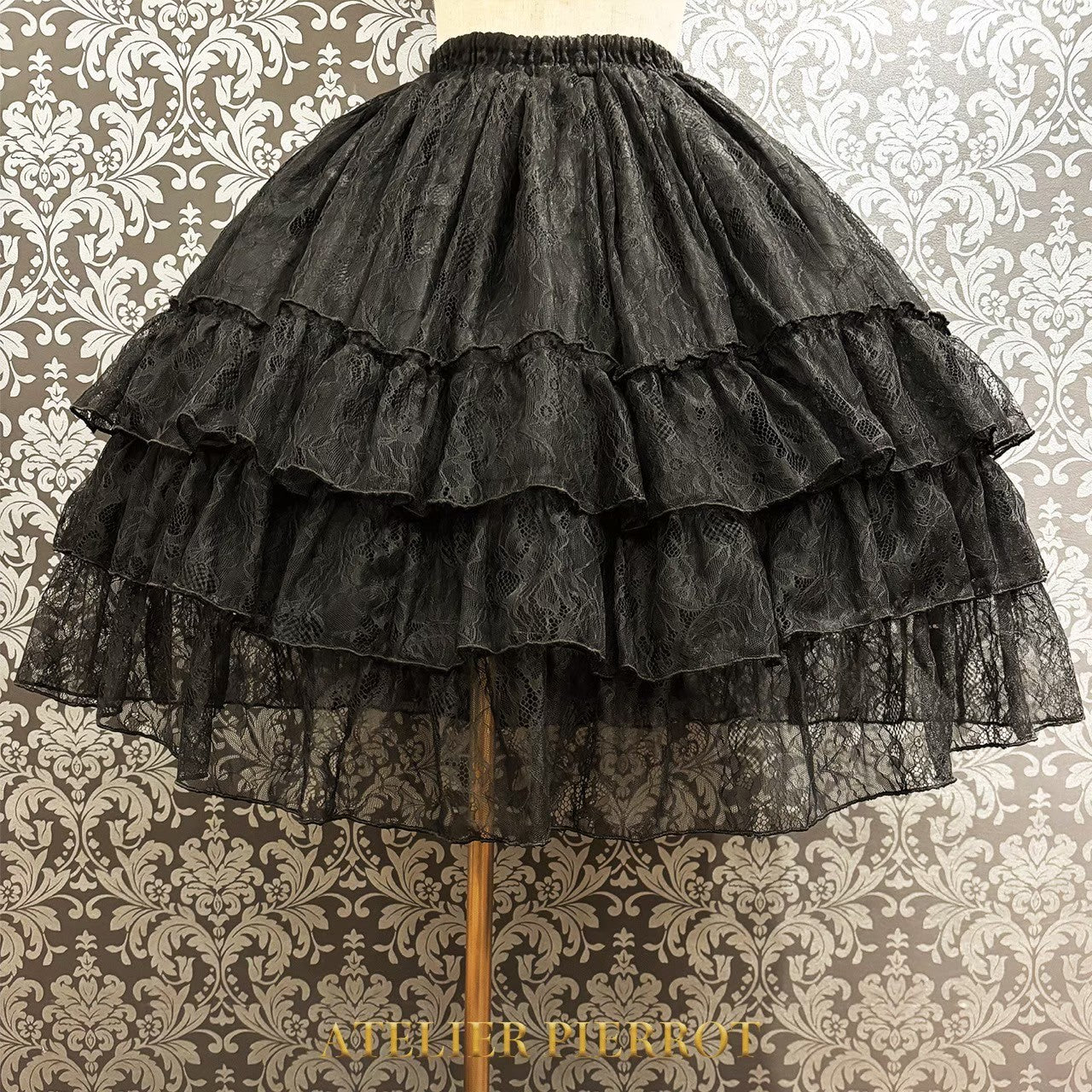 【ATELIER PIERROT】　Ruffle Chiffon Skirt -Lace-　 White/Ivory/Bordeaux/Navy/ Black