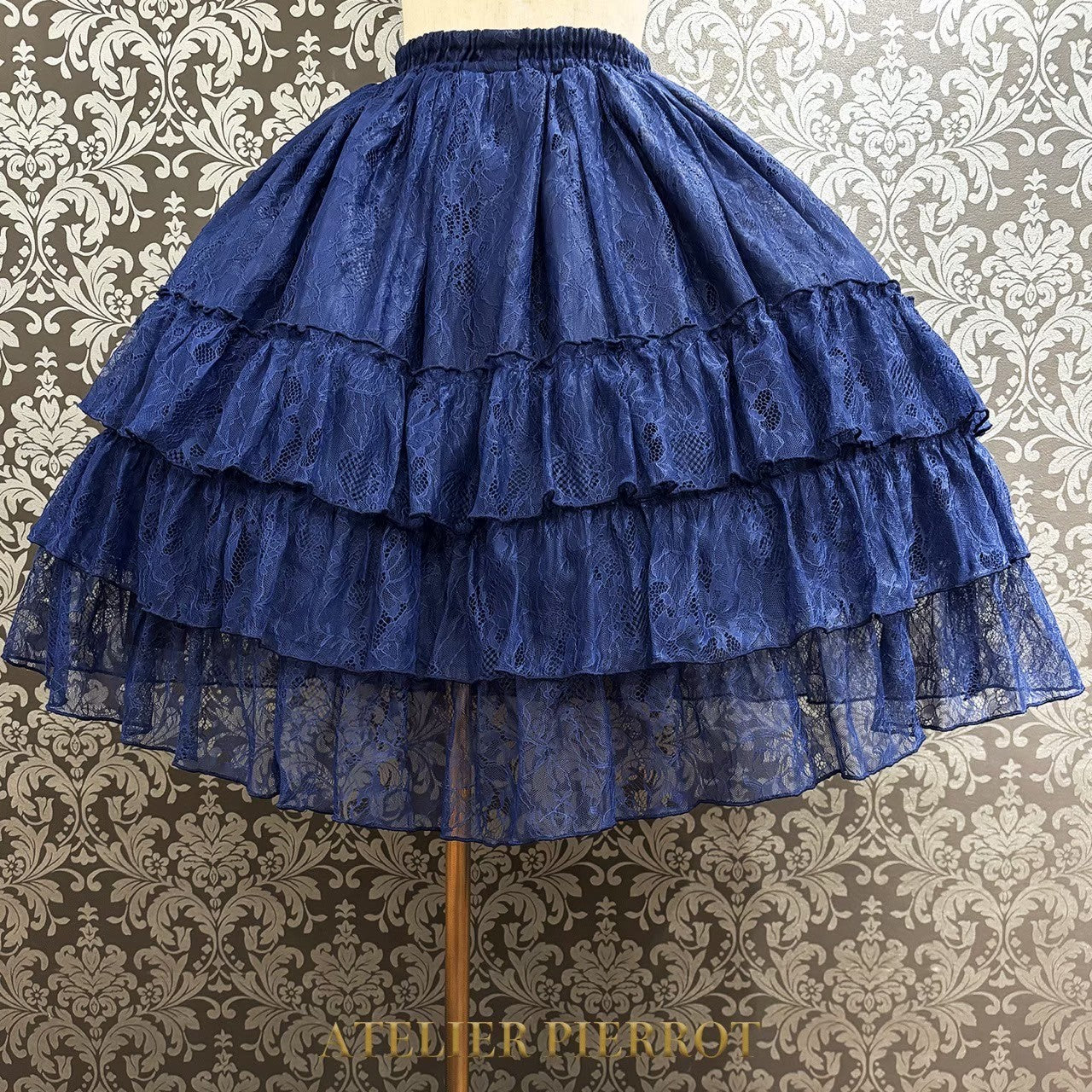 【ATELIER PIERROT】　Ruffle Chiffon Skirt -Lace-　 White/Ivory/Bordeaux/Navy/ Black