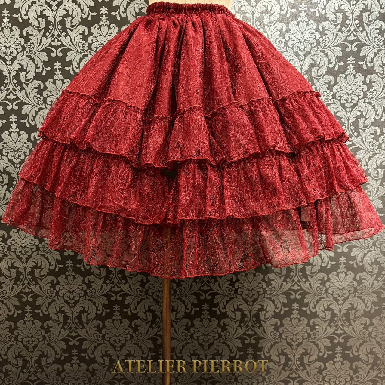 【ATELIER PIERROT】　Ruffle Chiffon Skirt -Lace-　 White/Ivory/Bordeaux/Navy/ Black