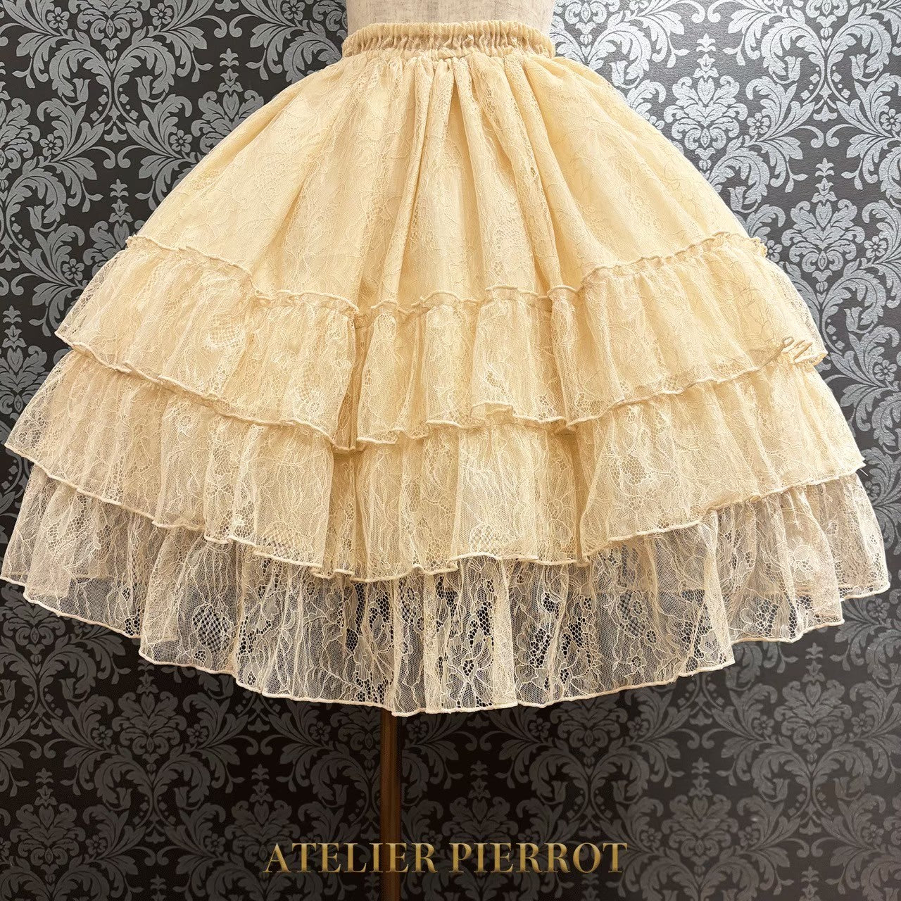 【ATELIER PIERROT】　Ruffle Chiffon Skirt -Lace-　 White/Ivory/Bordeaux/Navy/ Black