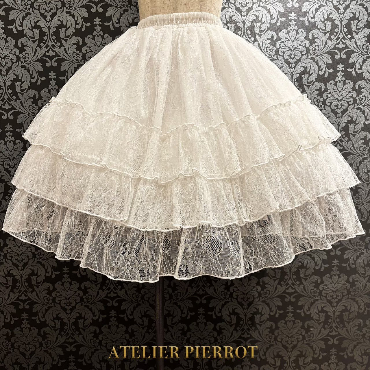 [Atelier Pierrot] Ruffle Chiffon 스커트 -Lace- 화이트/Ivory/보르도/네이비/블랙