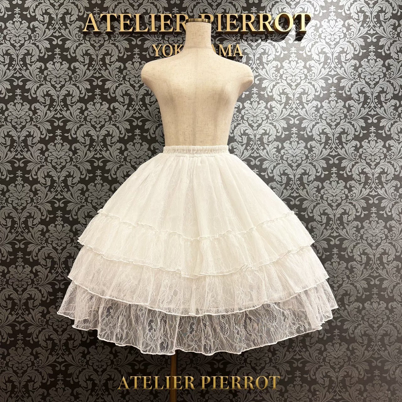 [Atelier Pierrot]荷叶边雪纺裙子 - 蕾丝 - 白色/Ivory/波尔多/海军/黑色